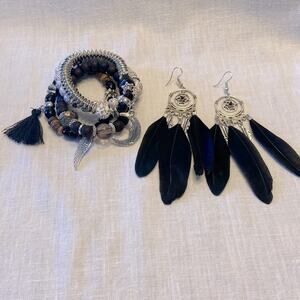 Boho Jewelry Set 4 pc Bracelet Earrings Black Silver 2 Charms Feathers Bohemian